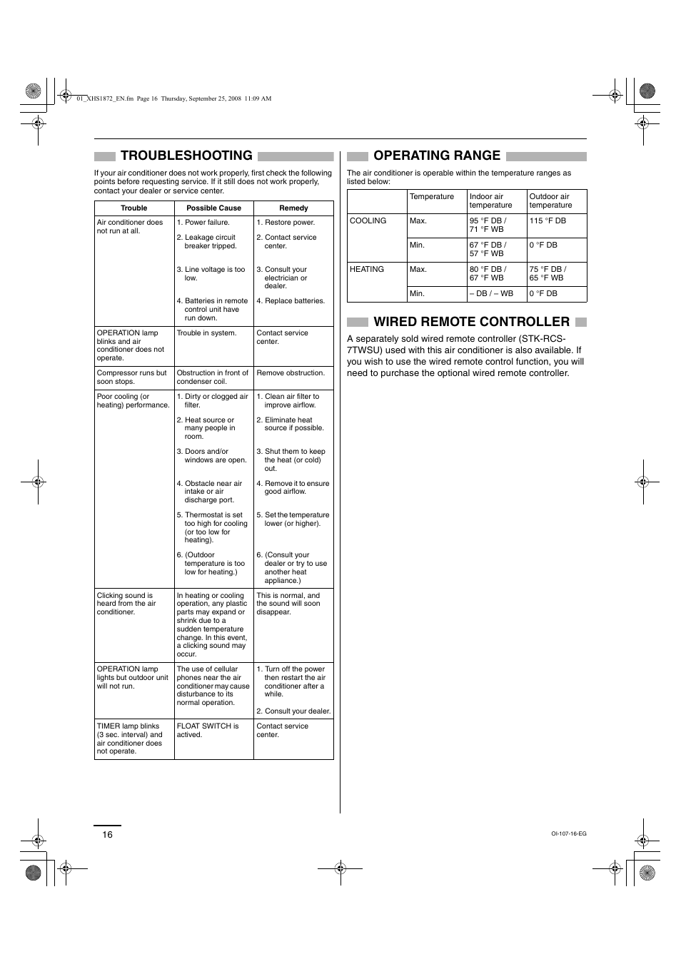 Troubleshooting, Operating range, Wired remote controller | Sanyo DC Inverter Split System XHS1271 User Manual | Page 84 / 123