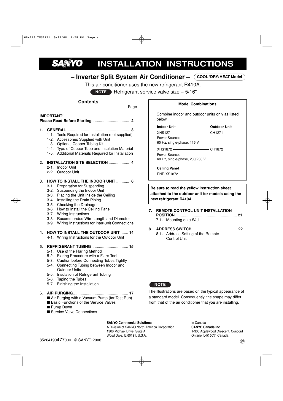 Installation instructions, Inverter split system air conditioner | Sanyo DC Inverter Split System XHS1271 User Manual | Page 86 / 123