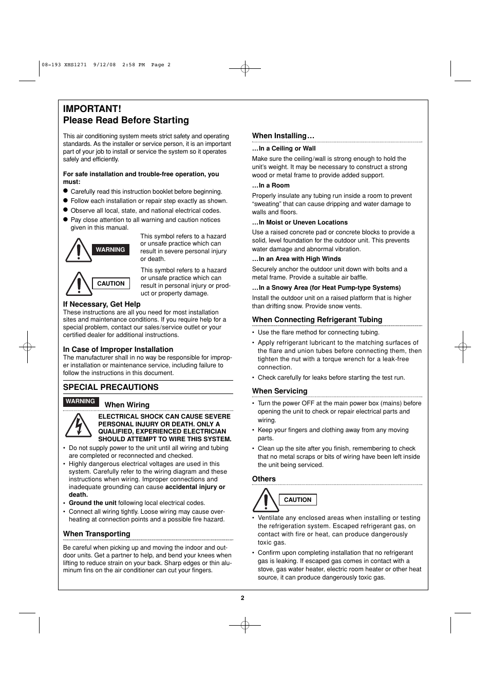 Important! please read before starting | Sanyo DC Inverter Split System XHS1271 User Manual | Page 87 / 123