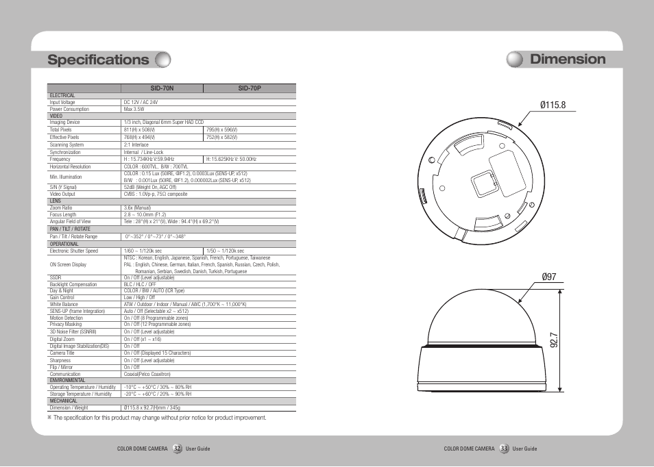 Specifications, Dimension | Sanyo SID-70 User Manual | Page 17 / 19