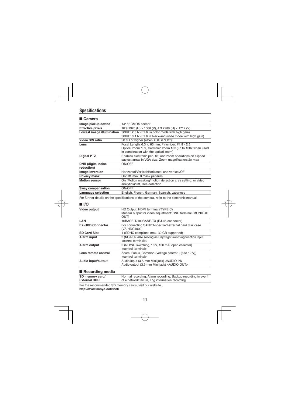 Specifications | Sanyo VCC-HD4600P User Manual | Page 12 / 15