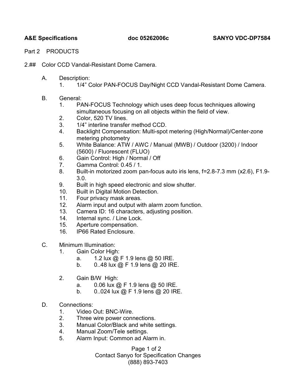 Sanyo VDC-DP7584 User Manual | 2 pages