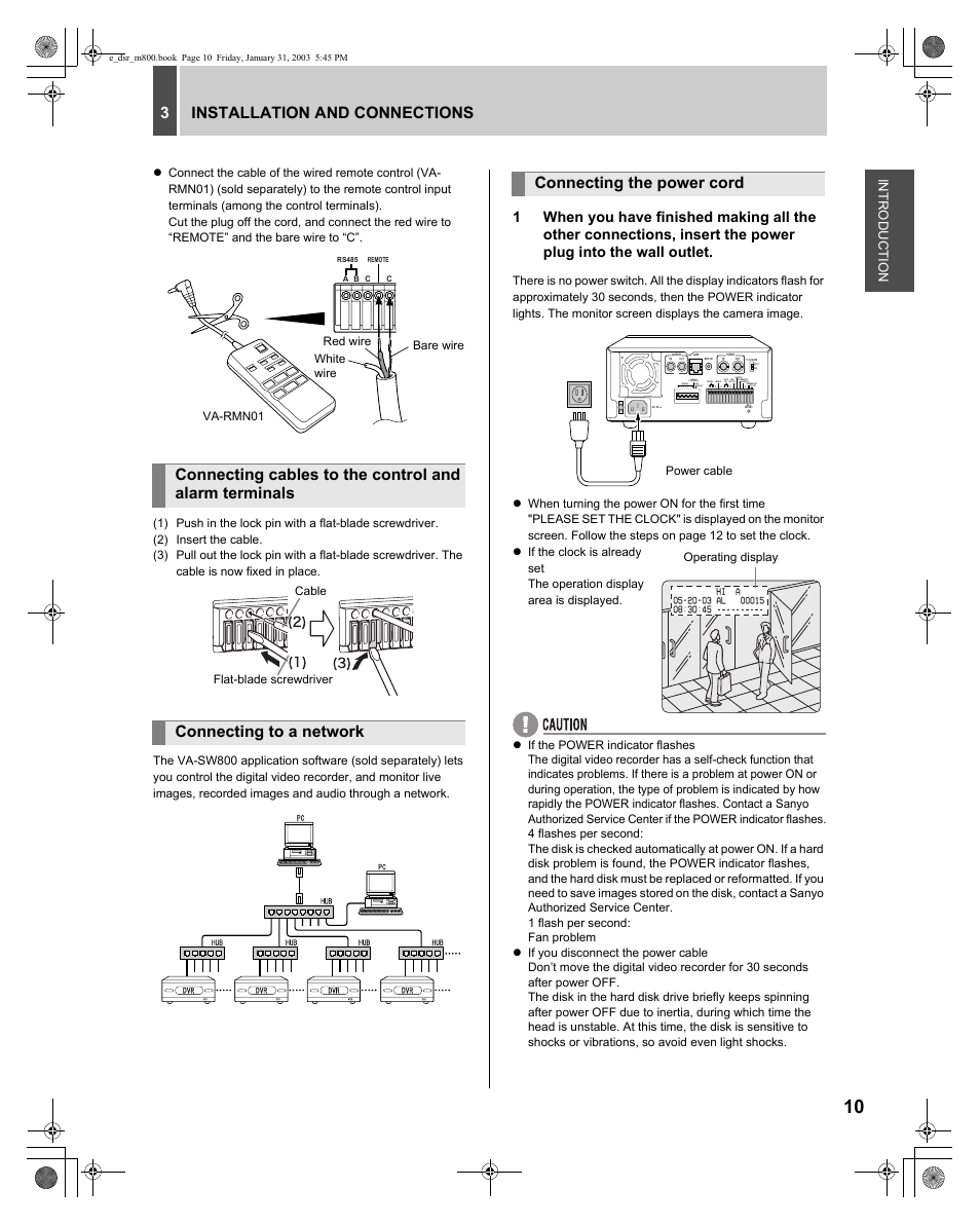 3installation and connections, Connecting the power cord, Address | Address auto/manual rs485 | Sanyo DSR-M800 User Manual | Page 11 / 50