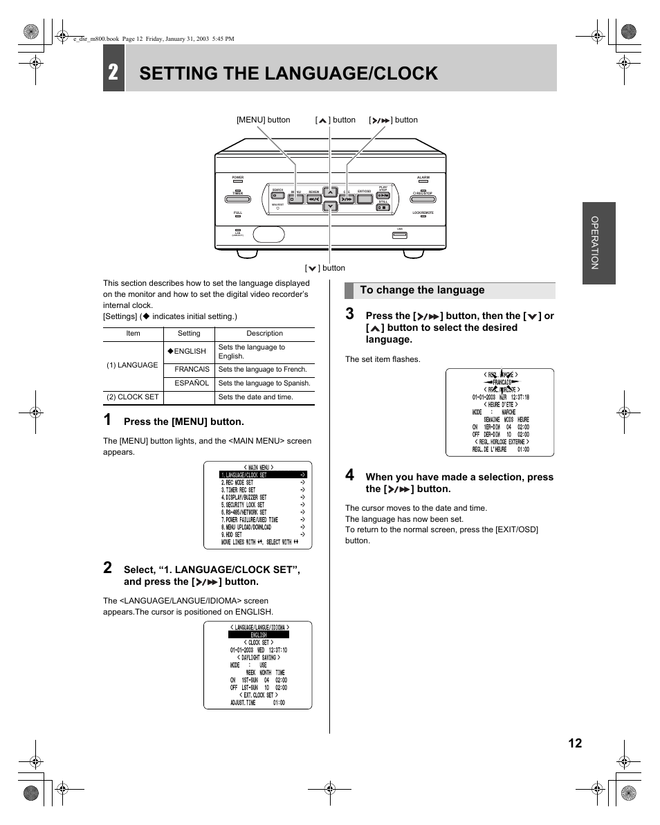 Setting the language/clock | Sanyo DSR-M800 User Manual | Page 13 / 50
