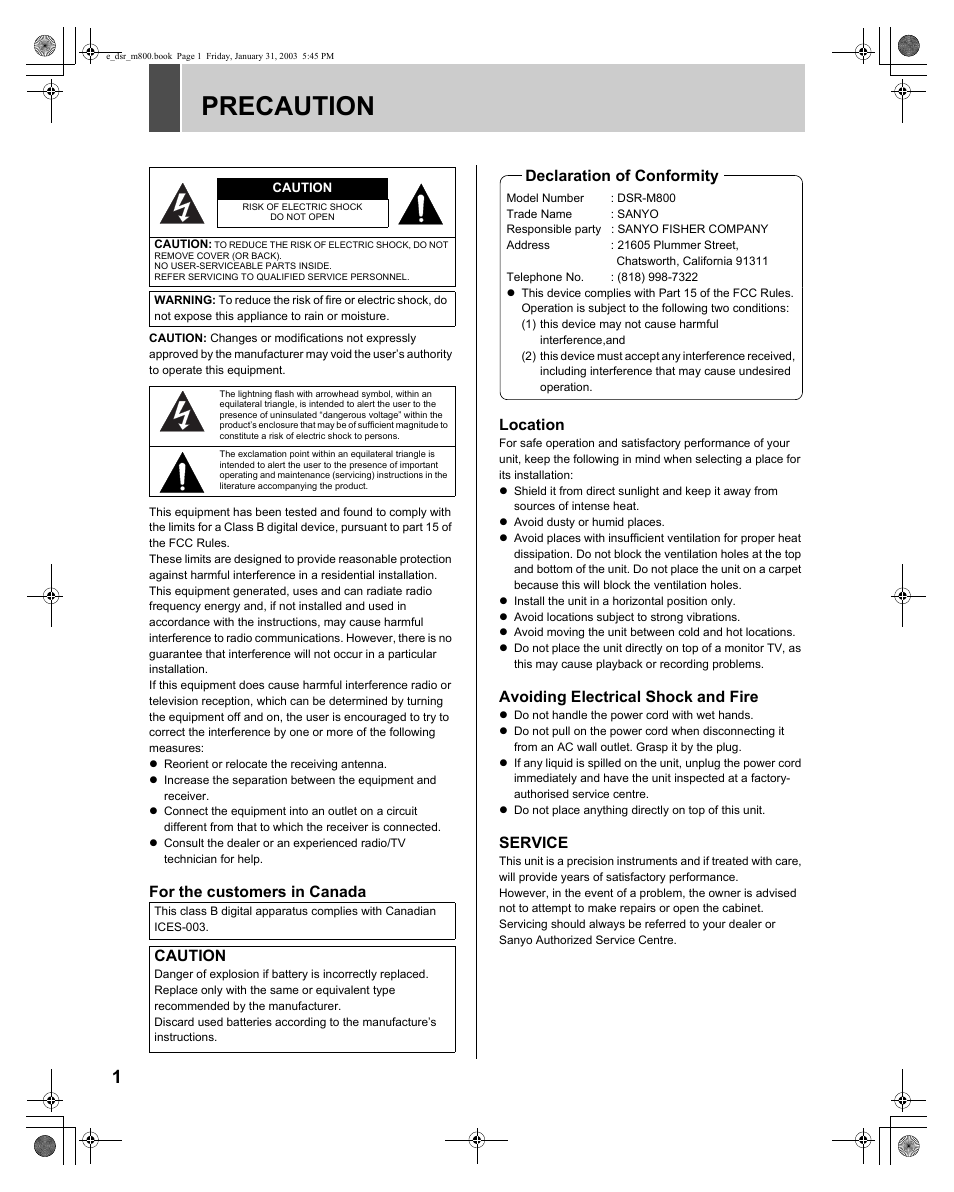 Precaution, For the customers in canada location, Avoiding electrical shock and fire | Service, Caution, Declaration of conformity | Sanyo DSR-M800 User Manual | Page 2 / 50