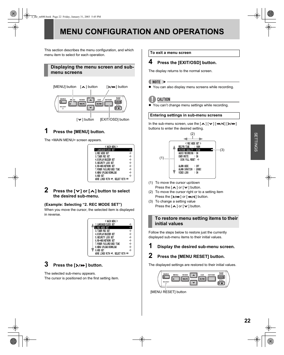 Menu configuration and operations | Sanyo DSR-M800 User Manual | Page 23 / 50