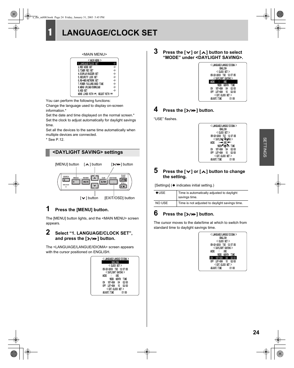 Language/clock set | Sanyo DSR-M800 User Manual | Page 25 / 50