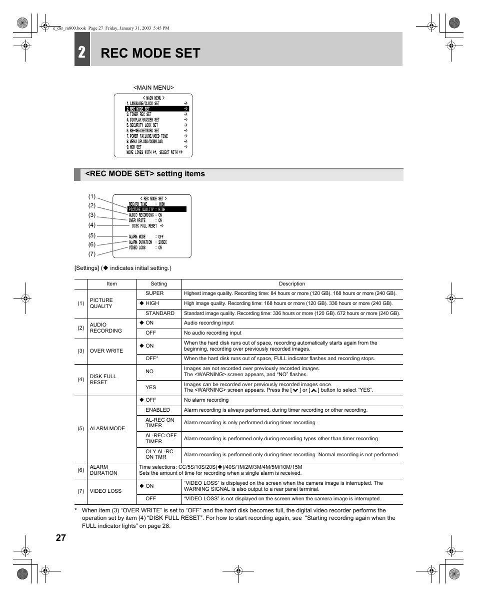 Rec mode set, Rec mode set> setting items | Sanyo DSR-M800 User Manual | Page 28 / 50