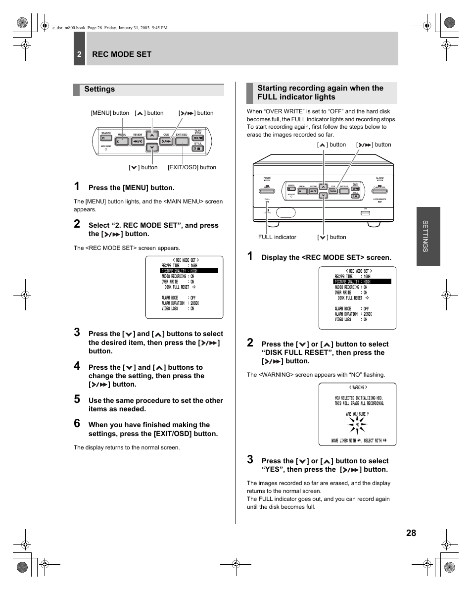 2rec mode set, Settings | Sanyo DSR-M800 User Manual | Page 29 / 50