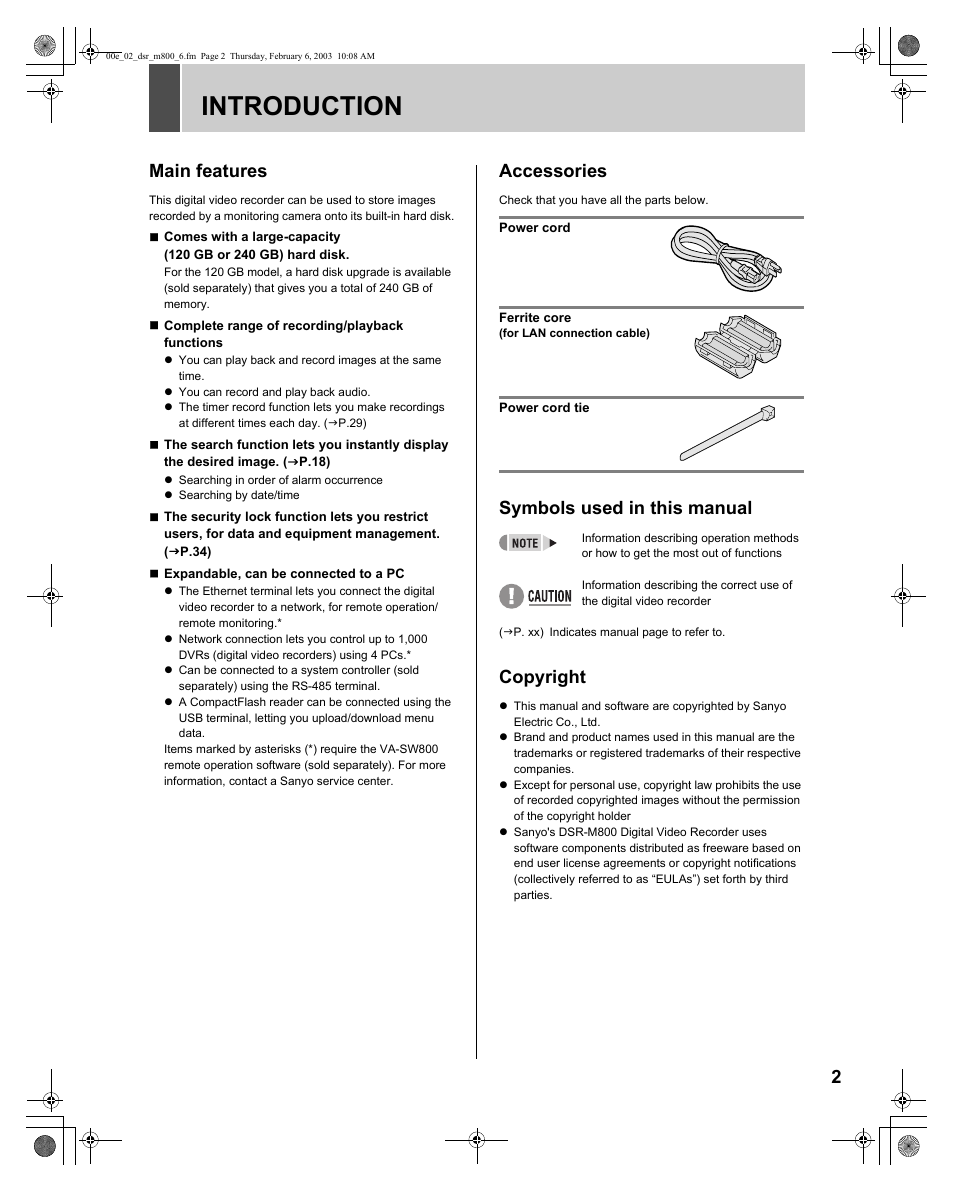 Introduction, Main features, Accessories | Symbols used in this manual, Copyright | Sanyo DSR-M800 User Manual | Page 3 / 50