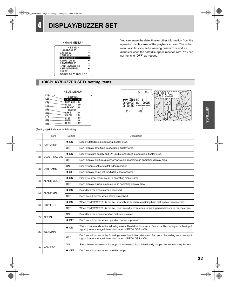 Display/buzzer set, Display/buzzer set> setting items | Sanyo DSR-M800 User Manual | Page 33 / 50