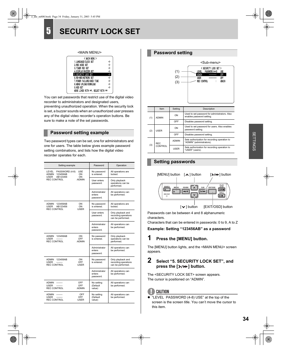 Security lock set, Password setting example, Password setting | Setting passwords, Press the [menu] button | Sanyo DSR-M800 User Manual | Page 35 / 50