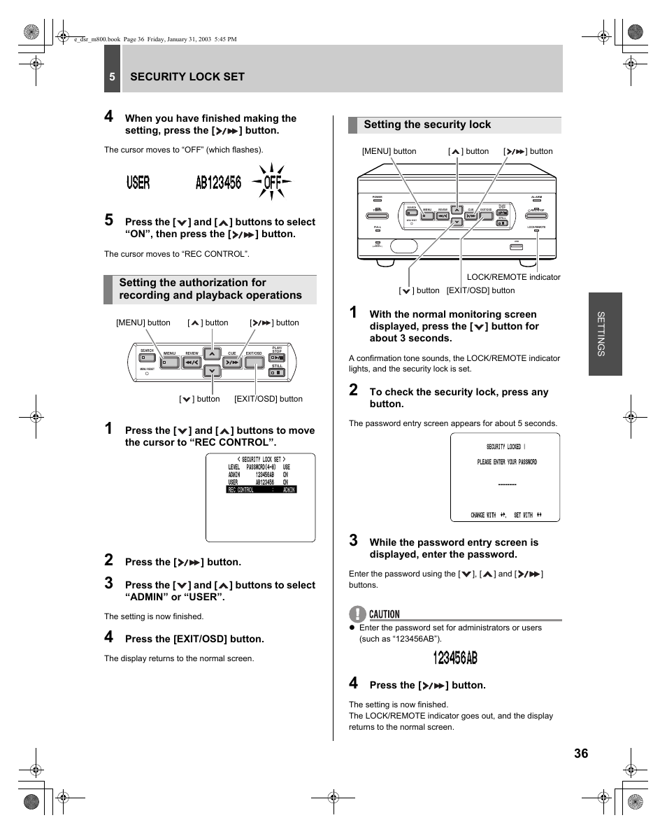 5security lock set, Setting the security lock | Sanyo DSR-M800 User Manual | Page 37 / 50