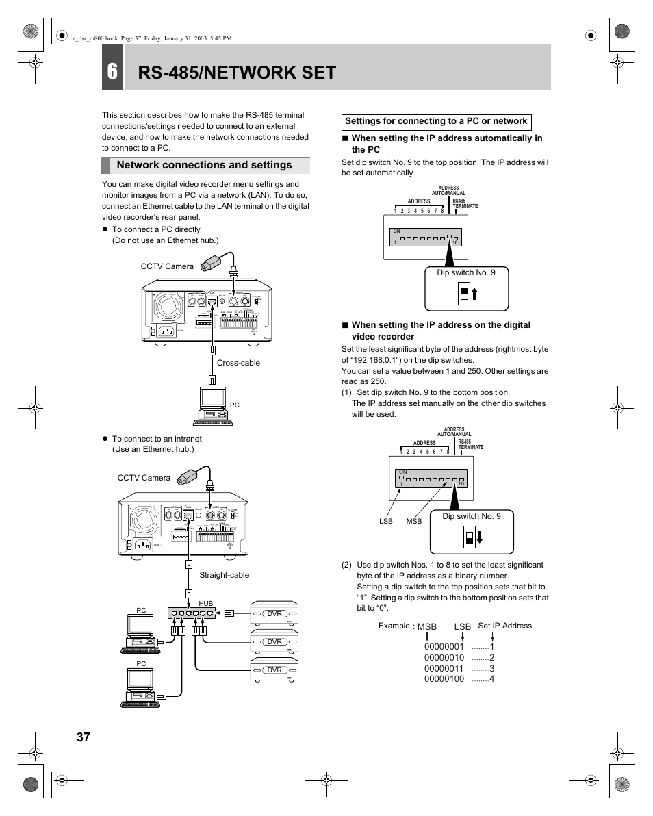 Rs-485/network set, Network connections and settings, On 1 10 | Settings for connecting to a pc or network, Cctv camera cross-cable, Cctv camera straight-cable, Dip switch no. 9, Example set ip address, Lsb msb | Sanyo DSR-M800 User Manual | Page 38 / 50