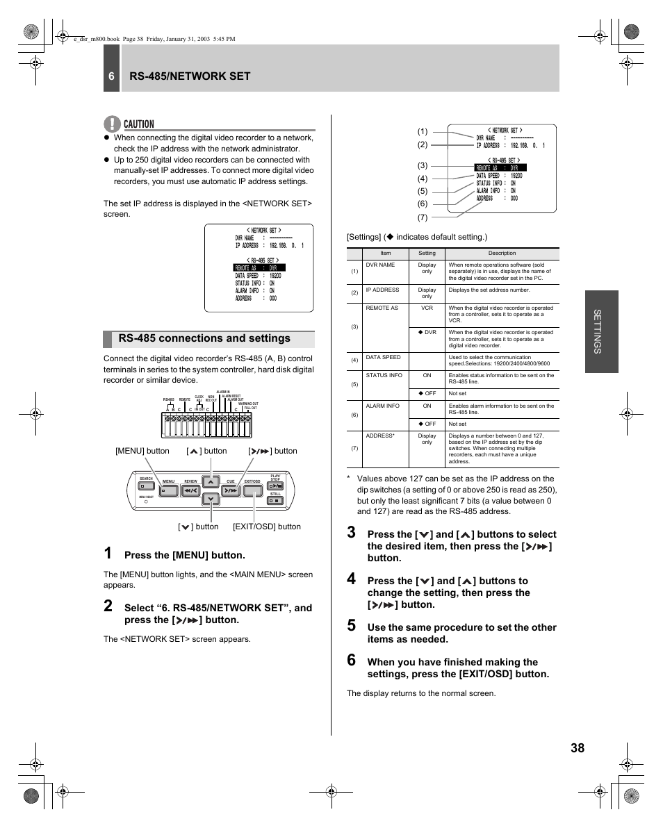 6rs-485/network set, Rs-485 connections and settings, Press the [menu] button | Sanyo DSR-M800 User Manual | Page 39 / 50