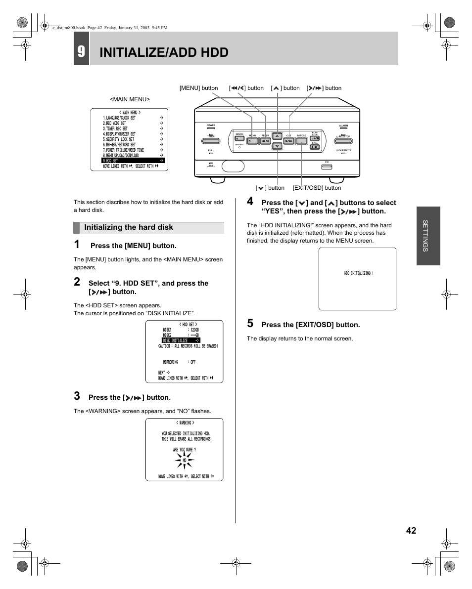 Initialize/add hdd, Initializing the hard disk | Sanyo DSR-M800 User Manual | Page 43 / 50