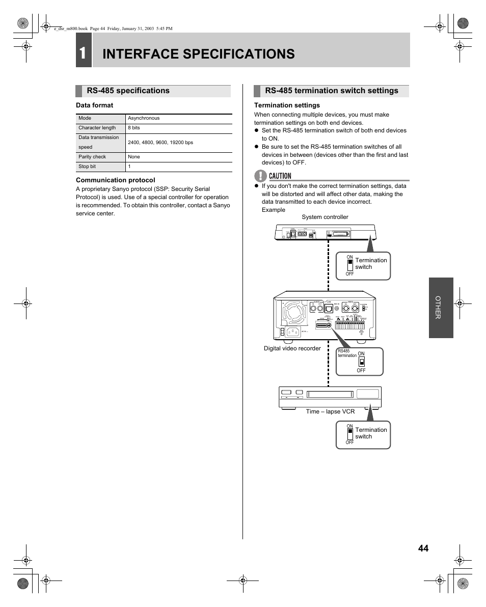 Interface specifications, Rs-485 specifications, Rs-485 termination switch settings | On 1 10, Address terminate 1 2 3, Data format communication protocol, Termination settings | Sanyo DSR-M800 User Manual | Page 45 / 50