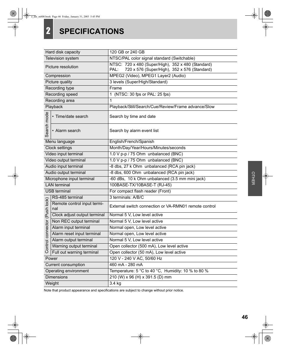 Specifications | Sanyo DSR-M800 User Manual | Page 47 / 50