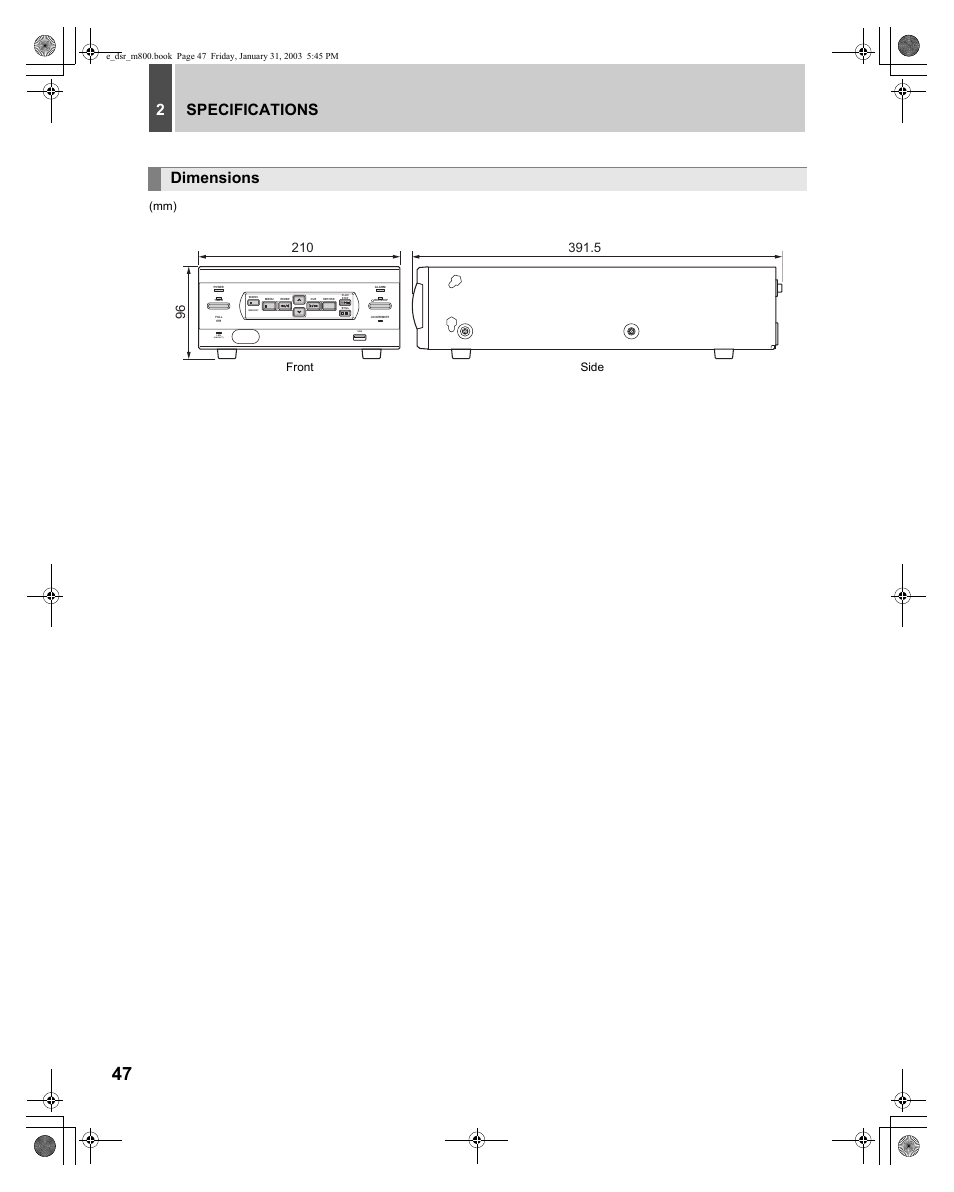 Specifications, Dimensions, Link/act.) | Front side | Sanyo DSR-M800 User Manual | Page 48 / 50