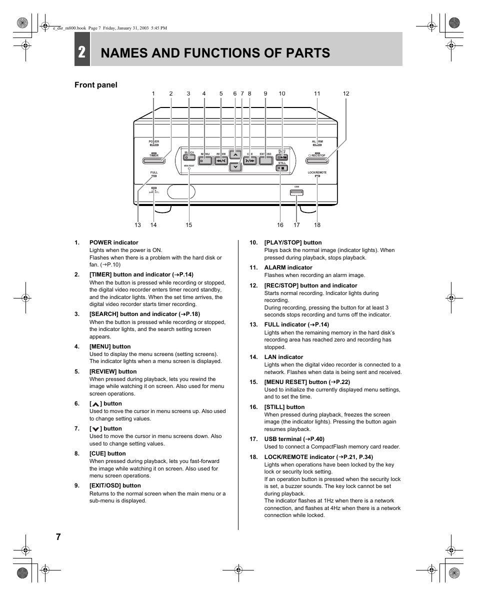 Names and functions of parts, Front panel | Sanyo DSR-M800 User Manual | Page 8 / 50