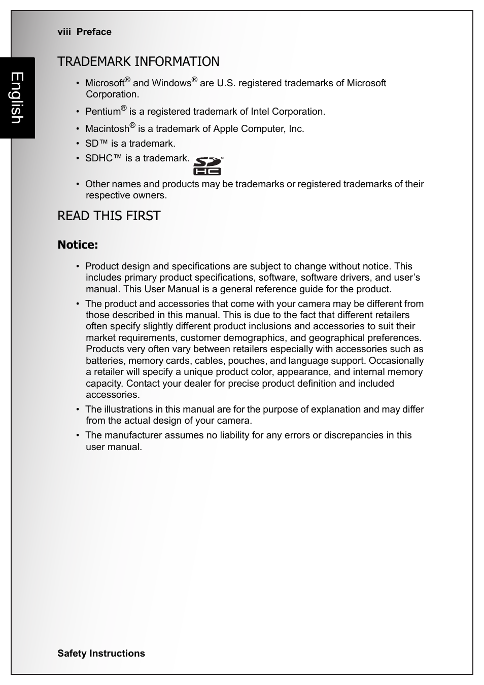 Trademark information, Read this first, English | Sanyo VPC-S1070 User Manual | Page 10 / 67