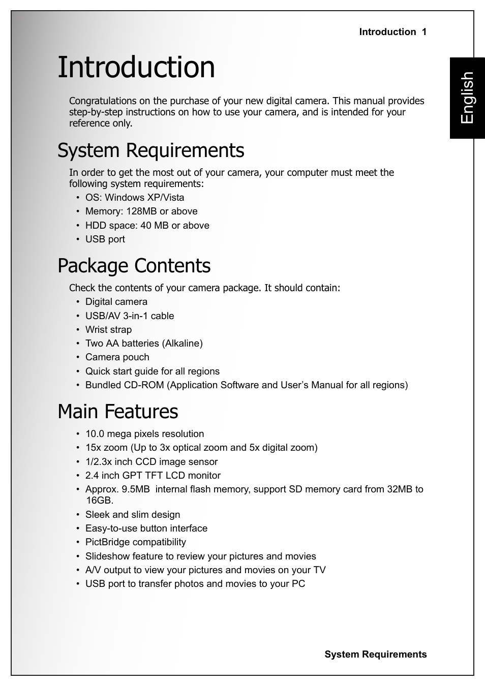 Introduction, System requirements, Package contents | Main features, System requirements package contents main features, English | Sanyo VPC-S1070 User Manual | Page 15 / 67