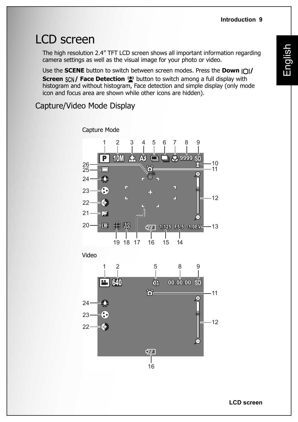 Lcd screen, Capture/video mode display, English | Sanyo VPC-S1070 User Manual | Page 23 / 67