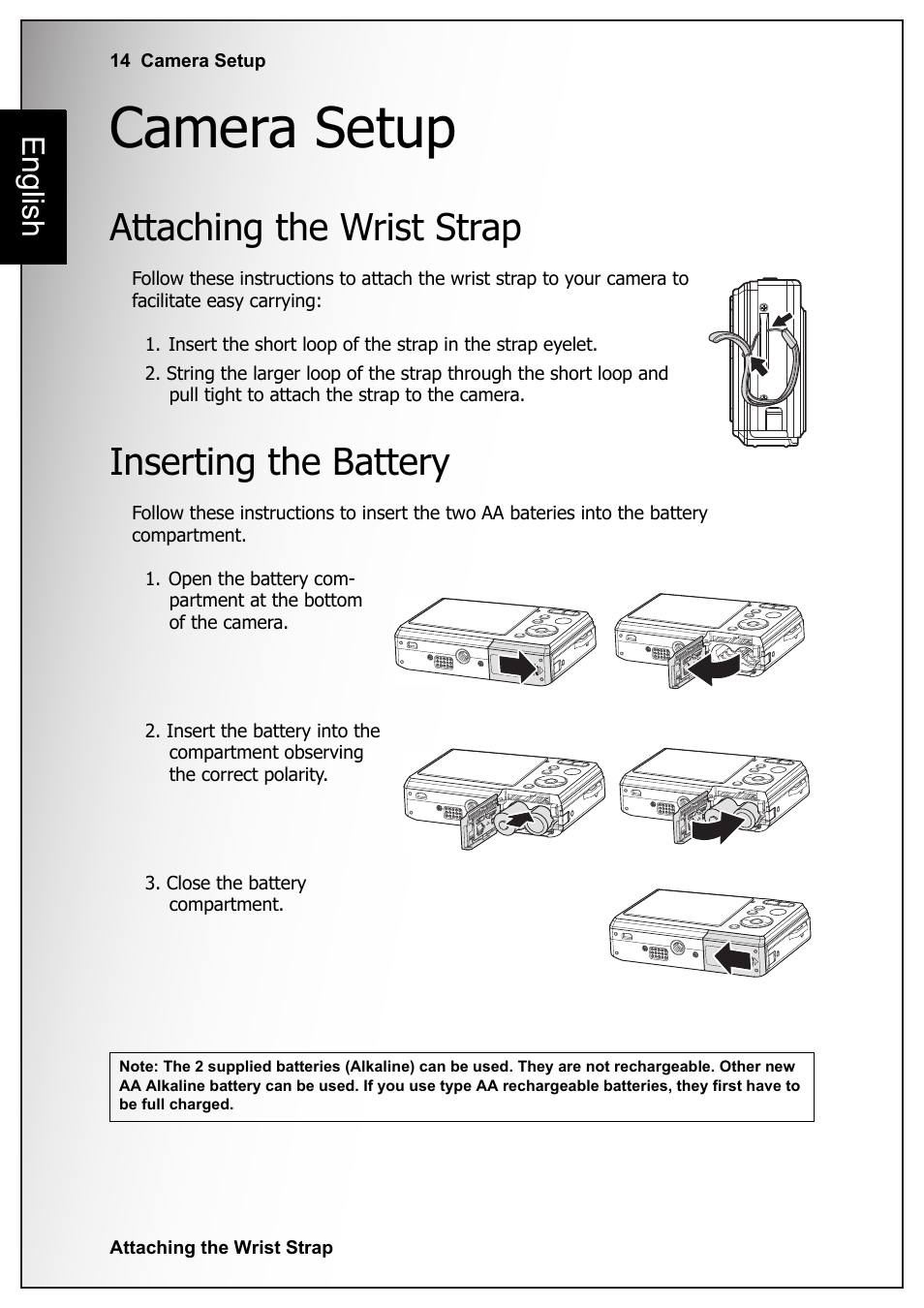 Camera setup, Attaching the wrist strap, Inserting the battery | Attaching the wrist strap inserting the battery, English | Sanyo VPC-S1070 User Manual | Page 28 / 67
