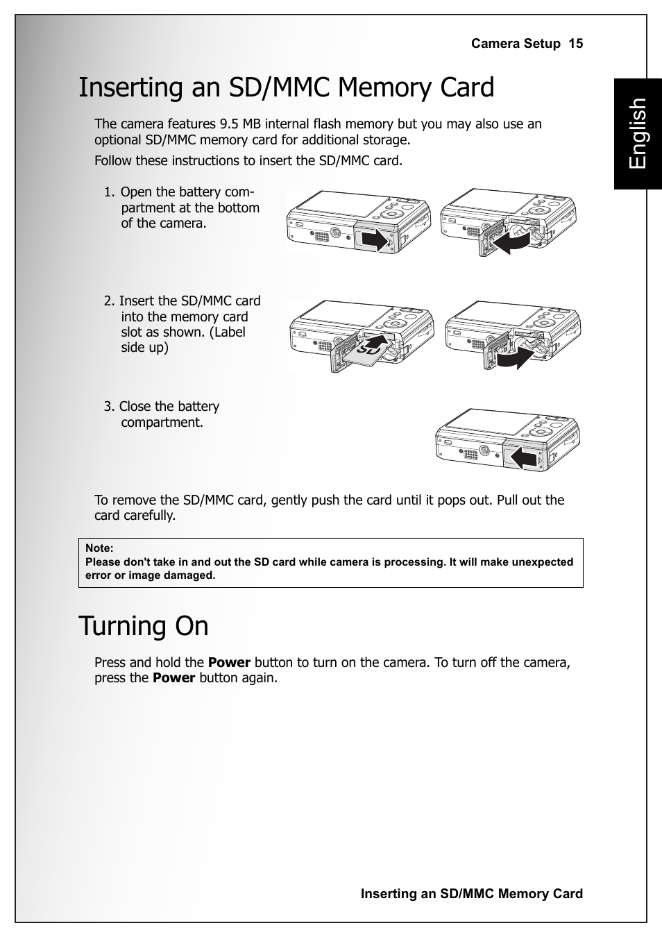 Inserting an sd/mmc memory card, Turning on, English | Sanyo VPC-S1070 User Manual | Page 29 / 67