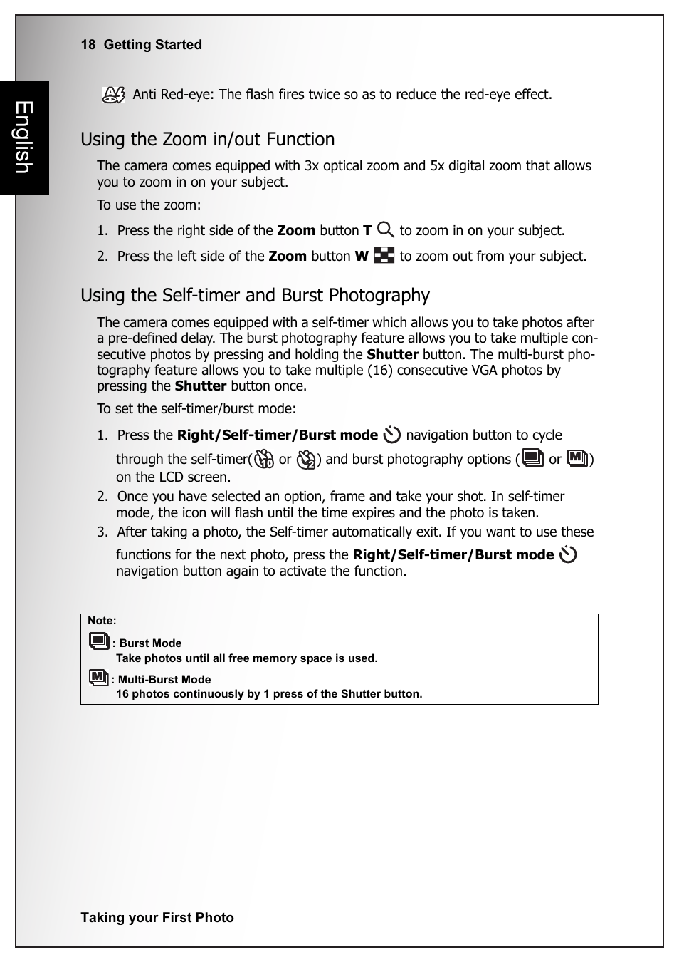 Using the zoom in/out function, Using the self-timer and burst photography, English | Sanyo VPC-S1070 User Manual | Page 32 / 67