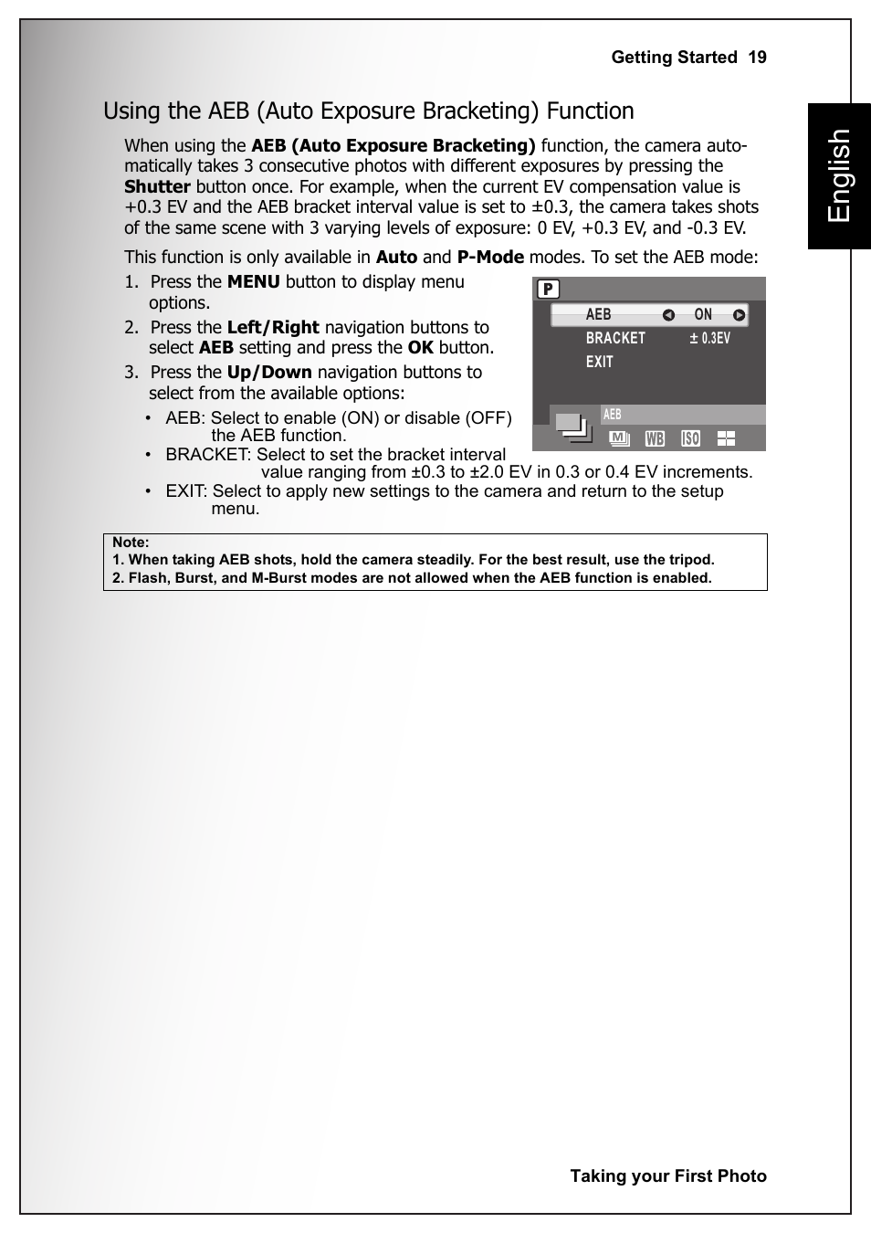 Using the aeb (auto exposure bracketing) function, English | Sanyo VPC-S1070 User Manual | Page 33 / 67