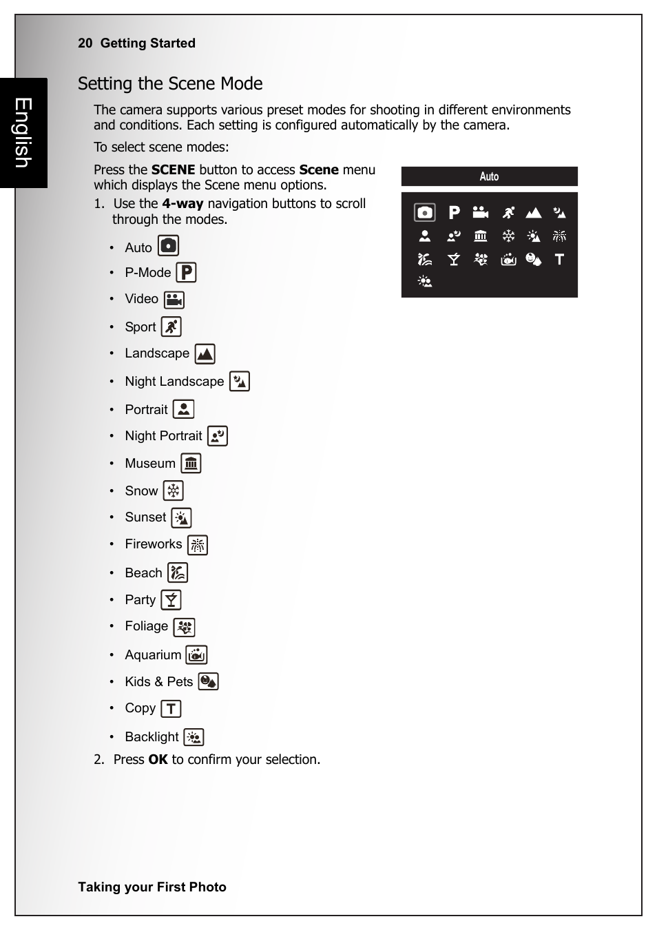 Setting the scene mode, English | Sanyo VPC-S1070 User Manual | Page 34 / 67