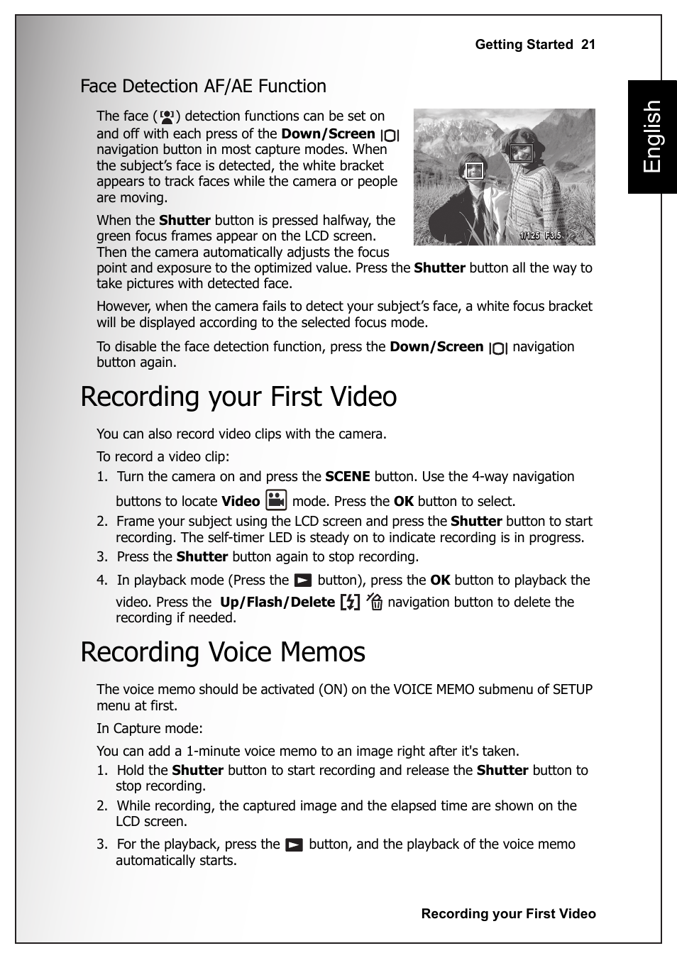 Face detection af/ae function, Recording your first video, Recording voice memos | Recording your first video recording voice memos, English | Sanyo VPC-S1070 User Manual | Page 35 / 67