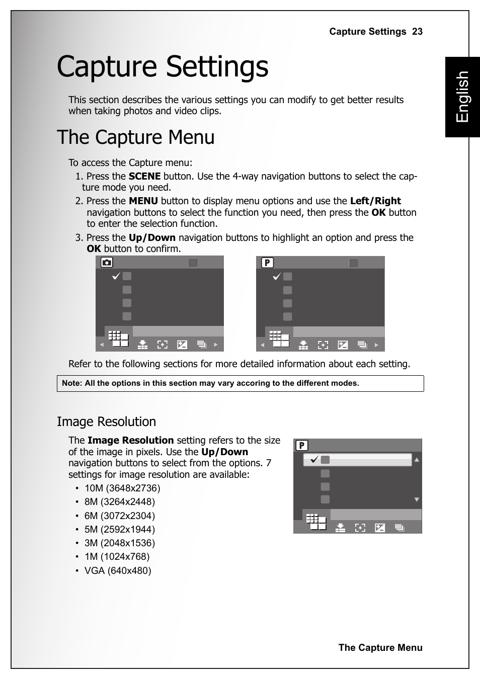 Capture settings, The capture menu, Image resolution | English | Sanyo VPC-S1070 User Manual | Page 37 / 67