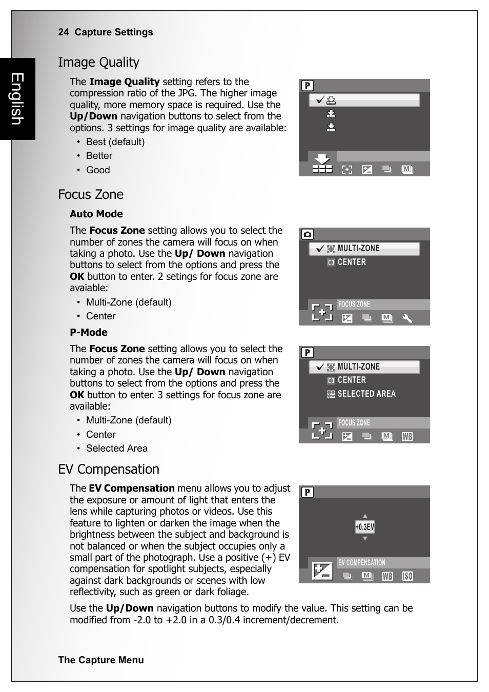 Image quality, Focus zone, Ev compensation | Image quality focus zone ev compensation, English | Sanyo VPC-S1070 User Manual | Page 38 / 67