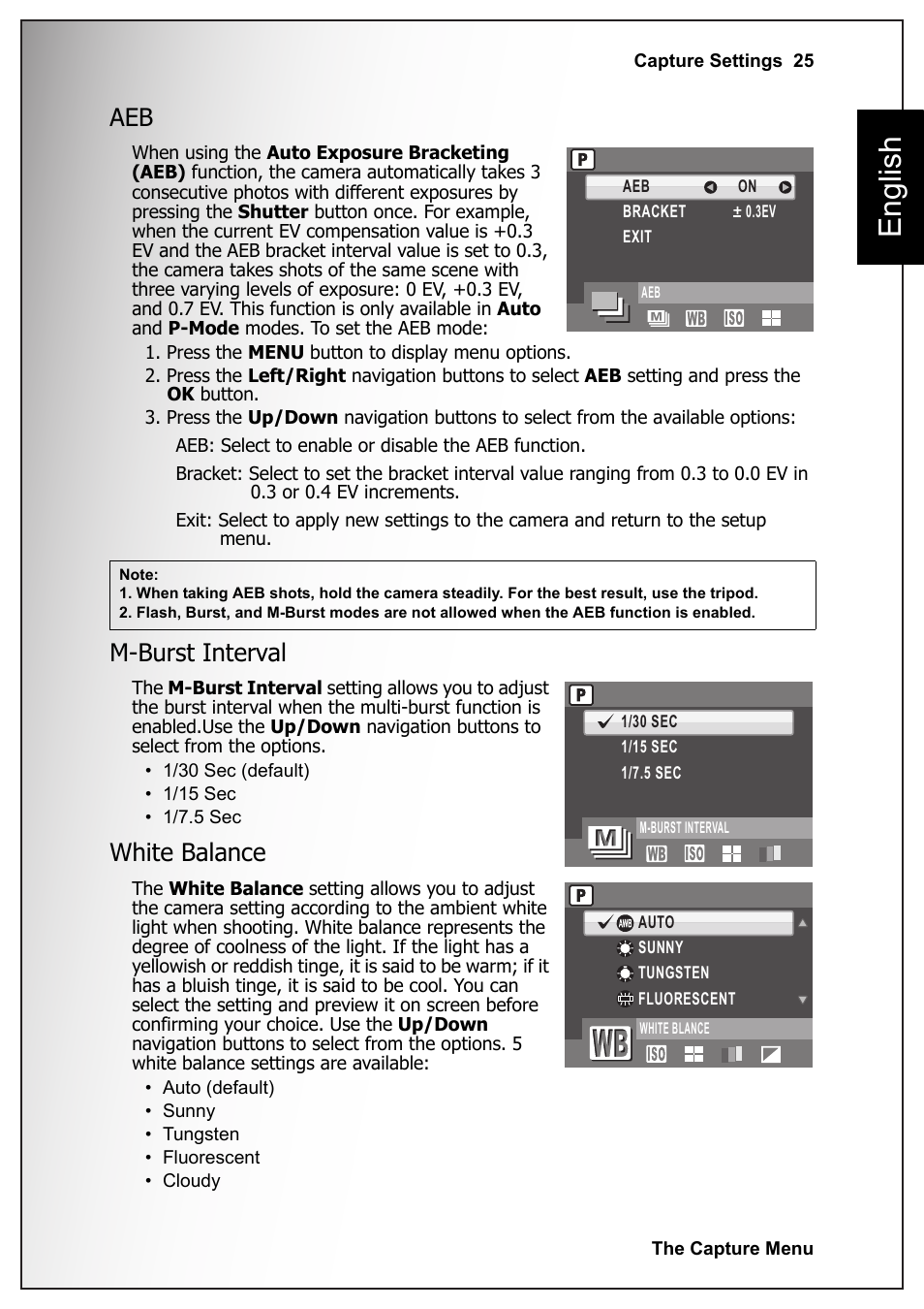 M-burst interval, White balance, Aeb m-burst interval white balance | English | Sanyo VPC-S1070 User Manual | Page 39 / 67