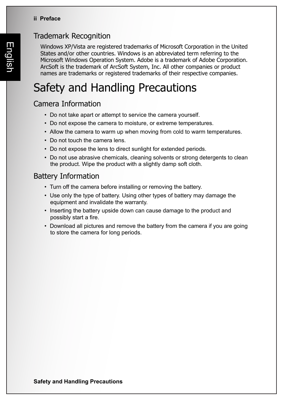 Trademark recognition, Safety and handling precautions, Camera information | Battery information, English | Sanyo VPC-S1070 User Manual | Page 4 / 67