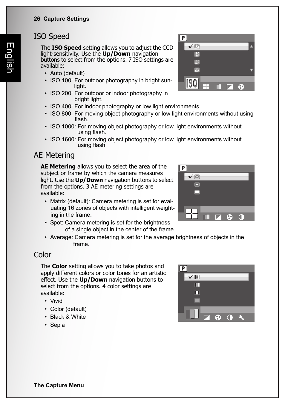 Iso speed, Ae metering, Color | Iso speed ae metering color, English | Sanyo VPC-S1070 User Manual | Page 40 / 67
