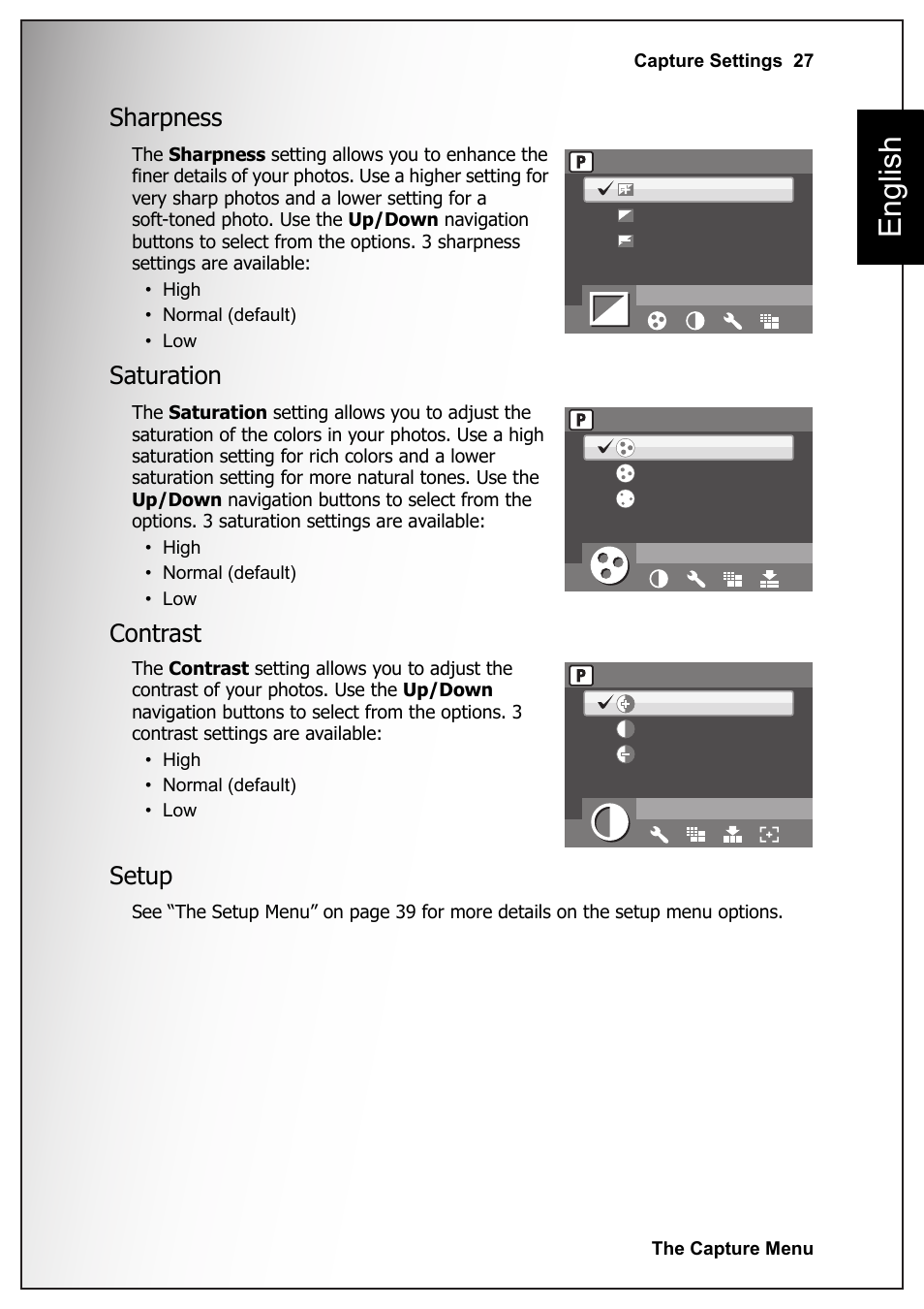 Sharpness, Saturation, Contrast | Setup, Sharpness saturation contrast setup, English | Sanyo VPC-S1070 User Manual | Page 41 / 67