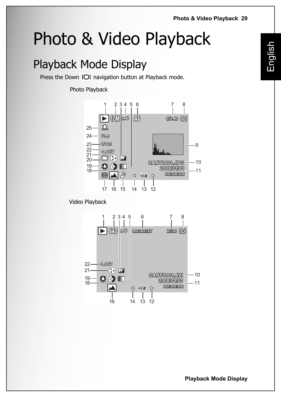 Photo & video playback, Playback mode display, English | Sanyo VPC-S1070 User Manual | Page 43 / 67