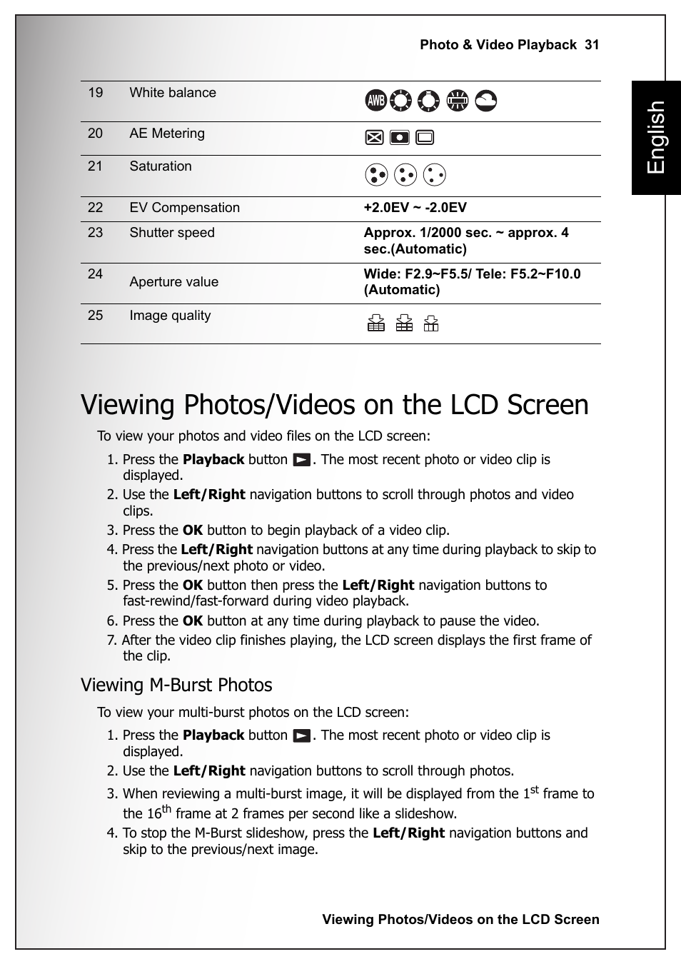 Viewing photos/videos on the lcd screen, Viewing m-burst photos, English | Sanyo VPC-S1070 User Manual | Page 45 / 67