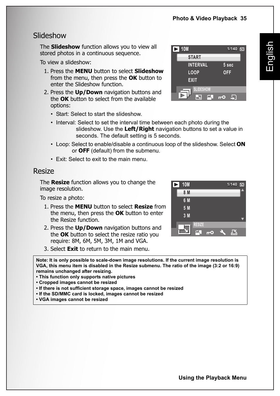 Slideshow, Resize, Slideshow resize | English | Sanyo VPC-S1070 User Manual | Page 49 / 67