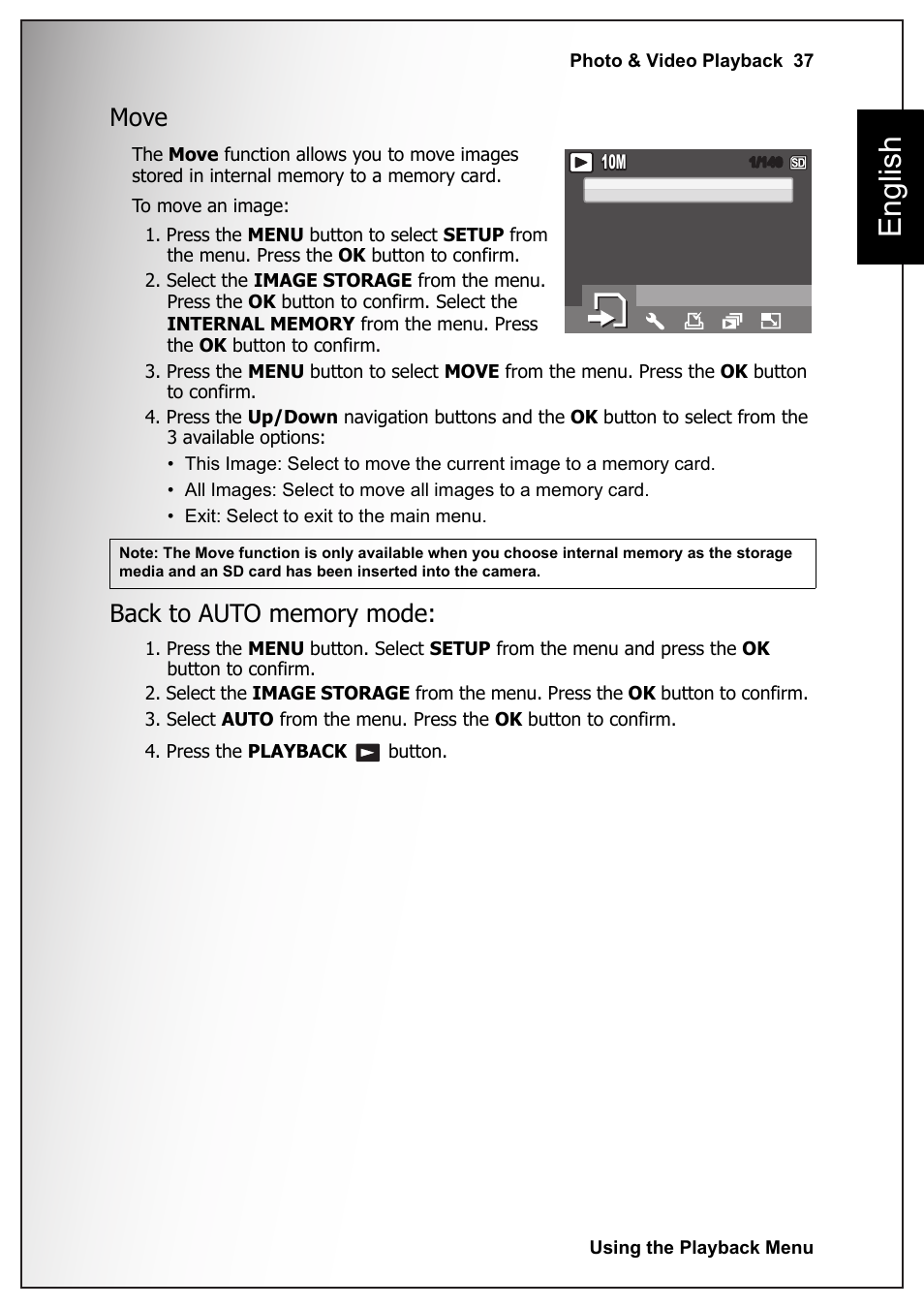 Move, Back to auto memory mode, Move back to auto memory mode | English | Sanyo VPC-S1070 User Manual | Page 51 / 67
