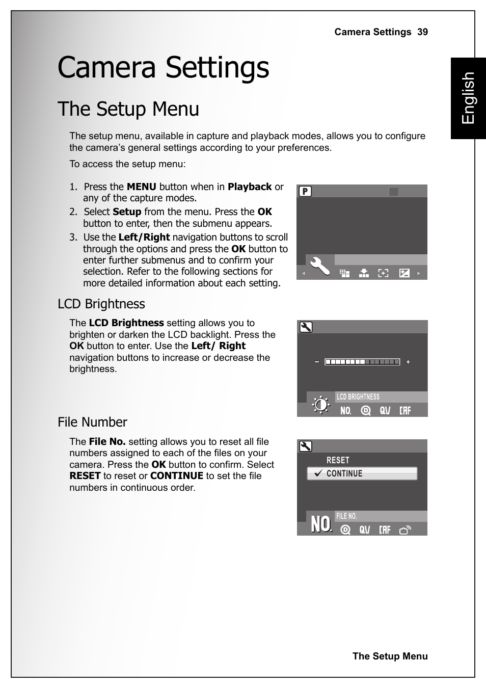 Camera settings, The setup menu, Lcd brightness | File number, Lcd brightness file number, English | Sanyo VPC-S1070 User Manual | Page 53 / 67