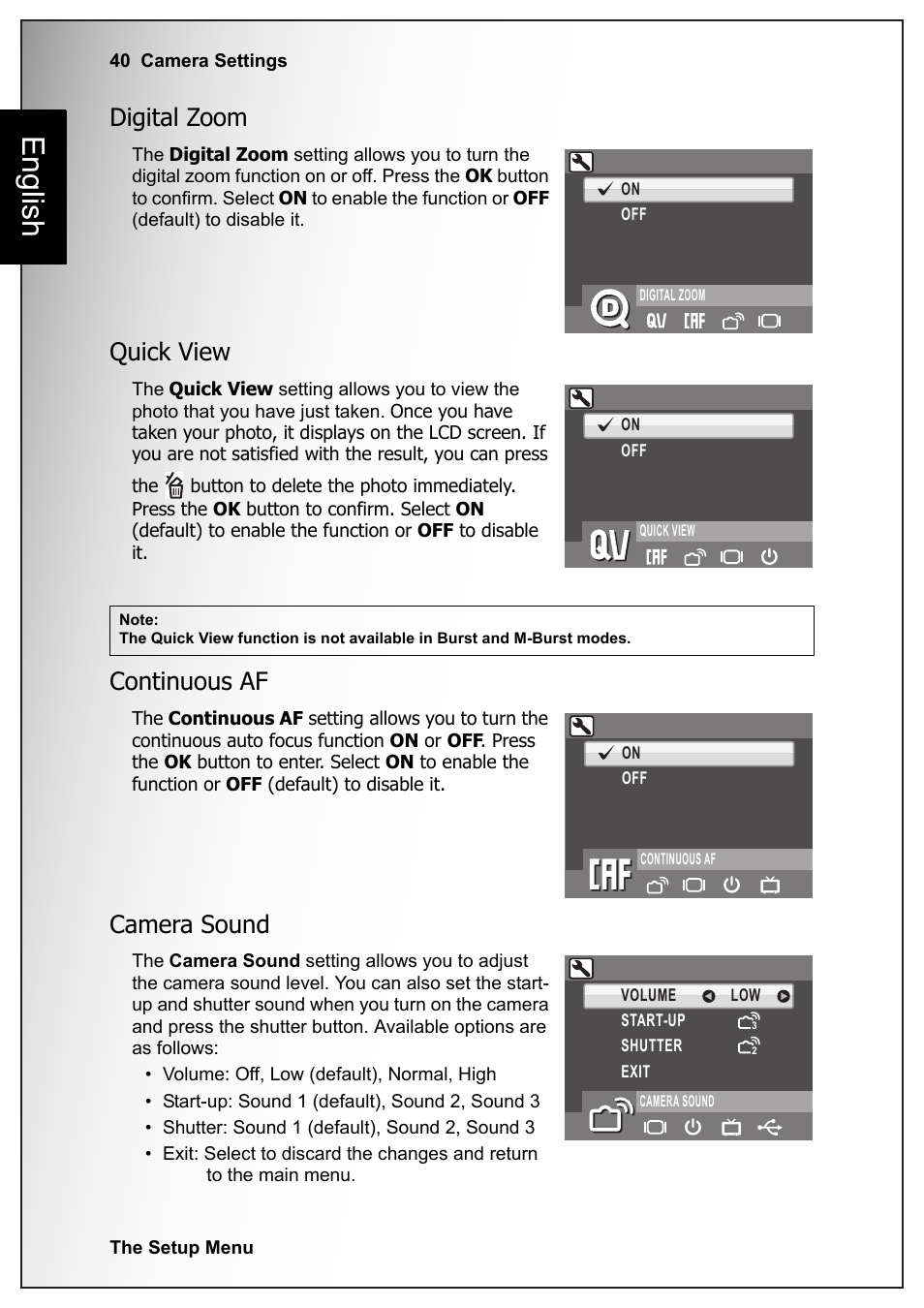 Digital zoom, Quick view, Continuous af | Camera sound, Digital zoom quick view continuous af camera sound, English | Sanyo VPC-S1070 User Manual | Page 54 / 67