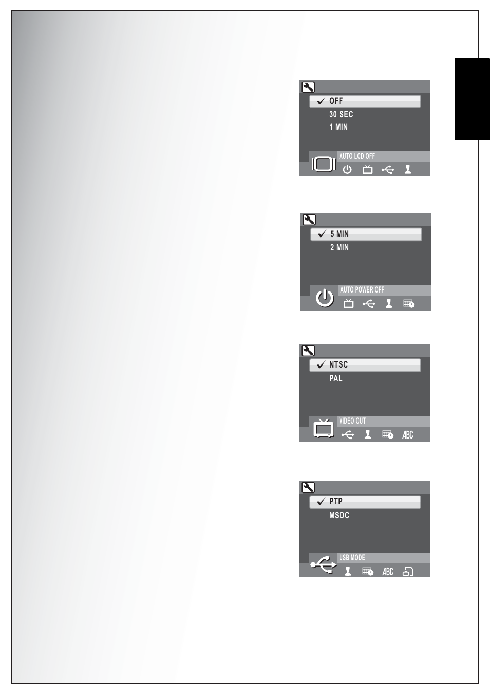Auto lcd off, Auto power off, Video out | Usb mode, Auto lcd off auto power off video out usb mode, English | Sanyo VPC-S1070 User Manual | Page 55 / 67