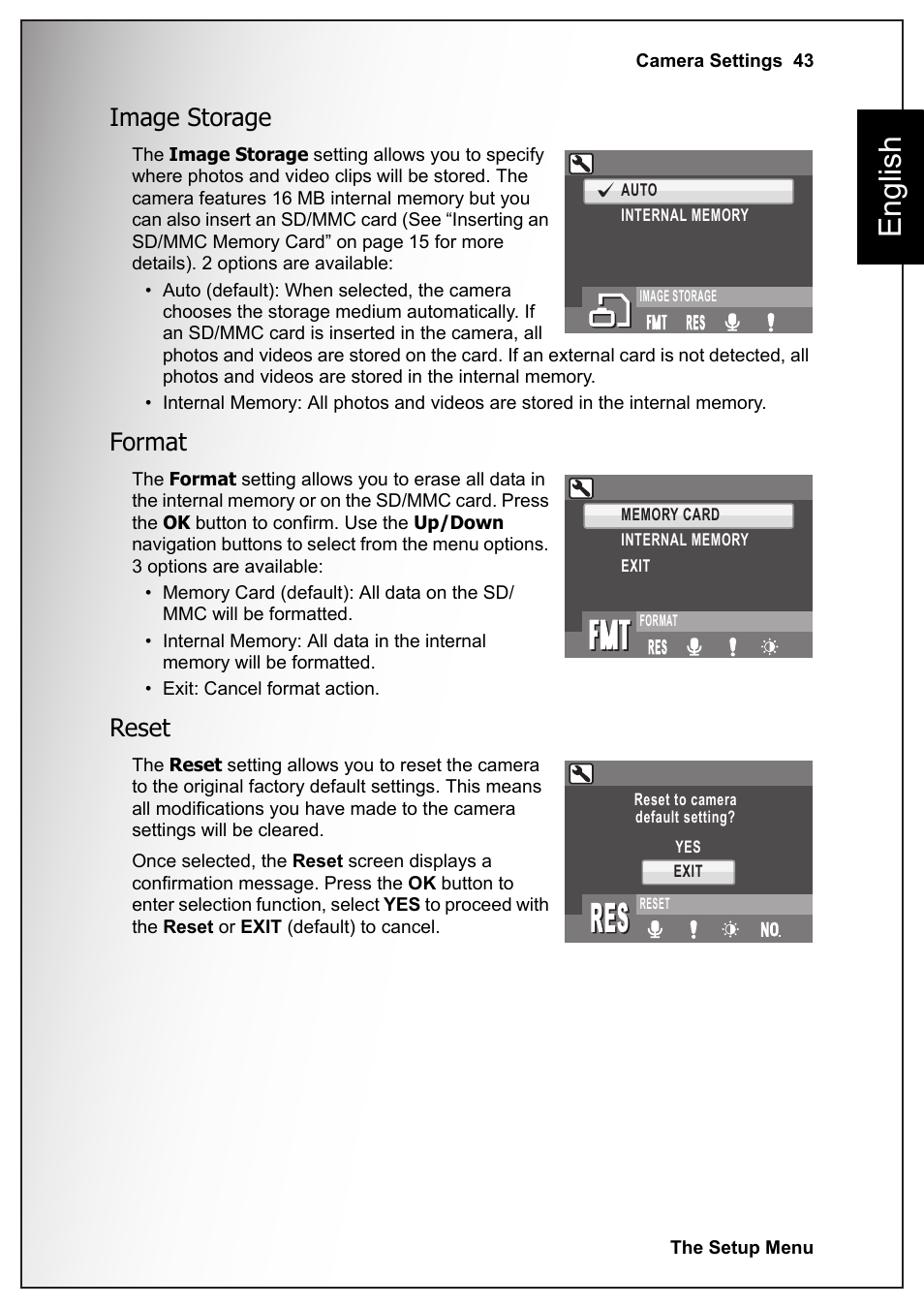 Image storage, Format, Reset | Image storage format reset, English | Sanyo VPC-S1070 User Manual | Page 57 / 67