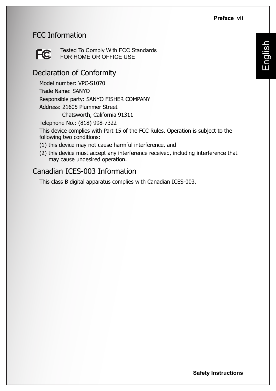 Fcc information, Declaration of conformity, Canadian ices-003 information | English, Fcc information declaration of conformity | Sanyo VPC-S1070 User Manual | Page 9 / 67