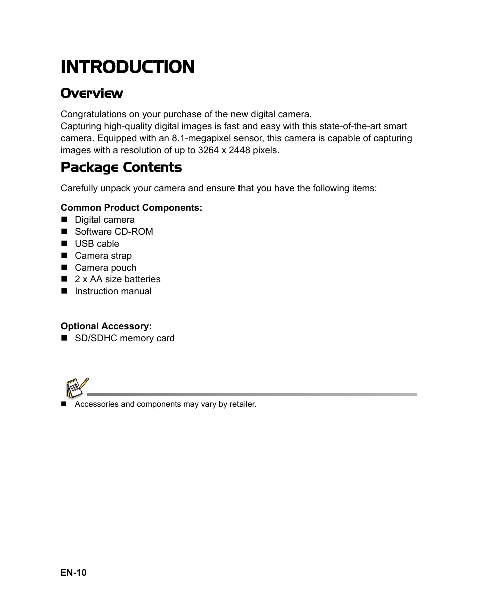 10 introduction, 10 overview 10 package contents, Introduction | Overview, Package contents | Sanyo Xacti Vpc-S880 User Manual | Page 11 / 42