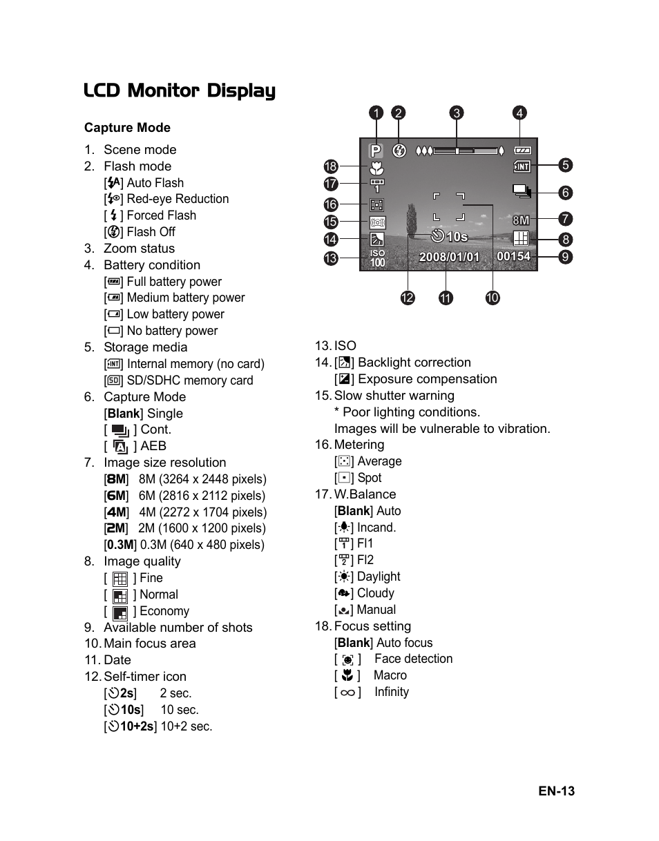 13 lcd monitor display, Lcd monitor display | Sanyo Xacti Vpc-S880 User Manual | Page 14 / 42